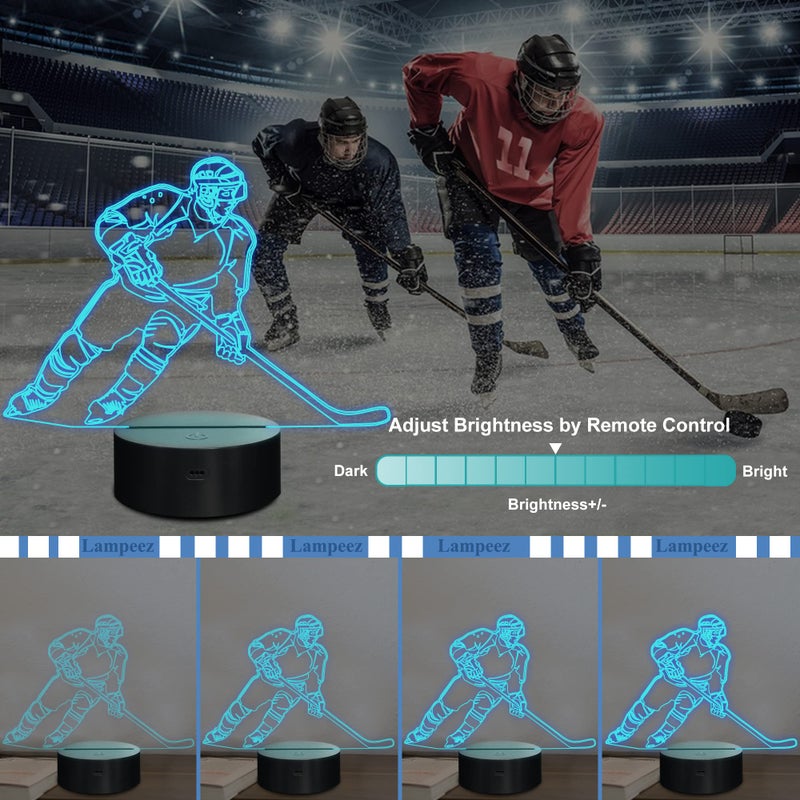 Lampeez Ice Hockey Player 3D Night Lights for Kids LED 16 Colors Remote Control Changing Touch Dimmable Table Desk Lamp Birthday Xmas Gifts Home Decor for Sports Hockey Fan - Image 3